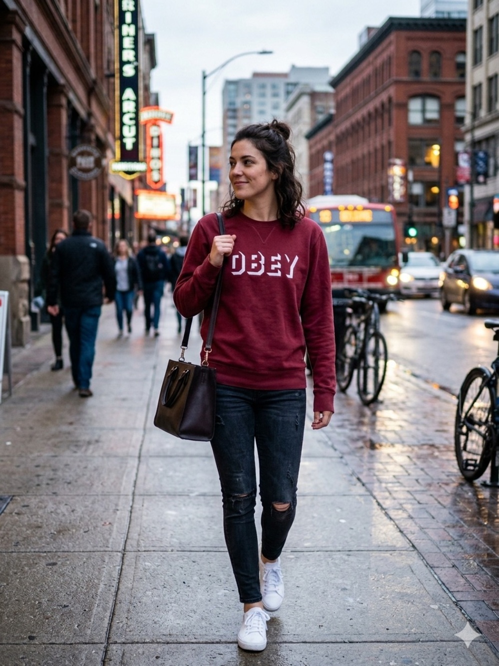 Obey Women's Burgundy Crewneck Sweatshirt with White Logo